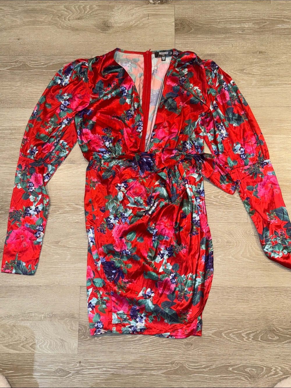 Missguided Red Floral Long Sleeve Wrap-Style Dress